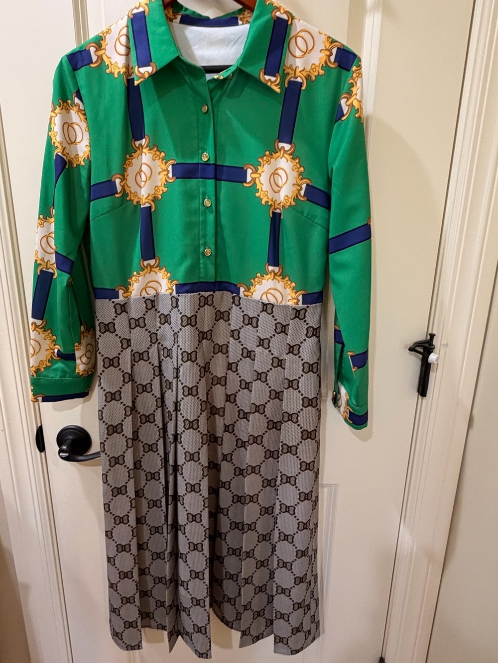 K-Design Chain Print Shirt Dress Green Navy Gold Beige Midi